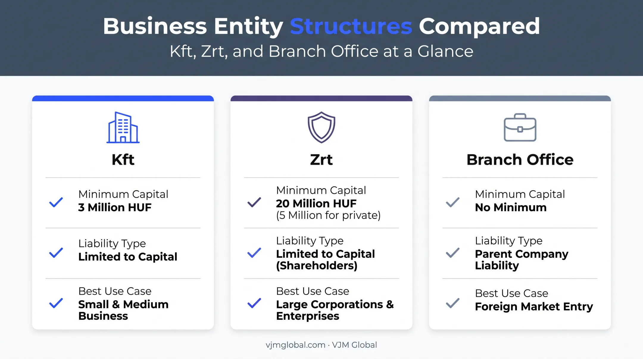 Kft Zrt and branch office structure comparison chart for Hungary business setup