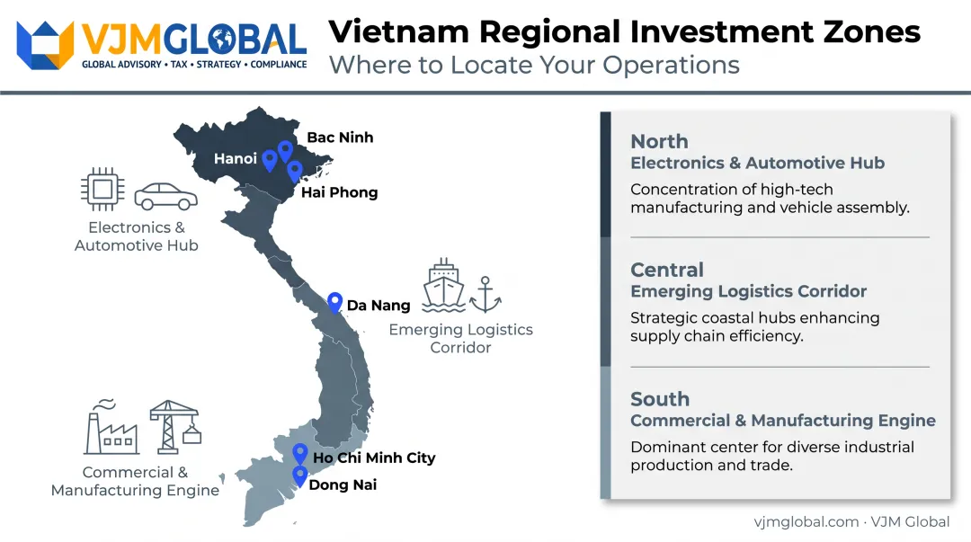 Map of Vietnam showing North Central South investment regions and industries