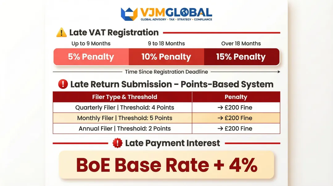 UK VAT penalty structure showing late registration late filing and late payment consequences