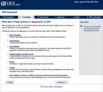 IRS EIN online application interface showing business tax ID request form