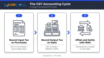 Three-stage GST accounting cycle from purchase recording to IRAS settlement