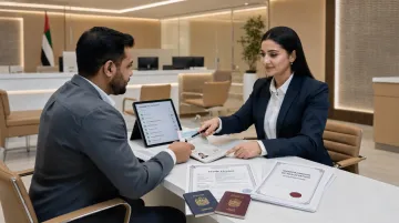 UAE bank representative reviewing corporate account documentation with client