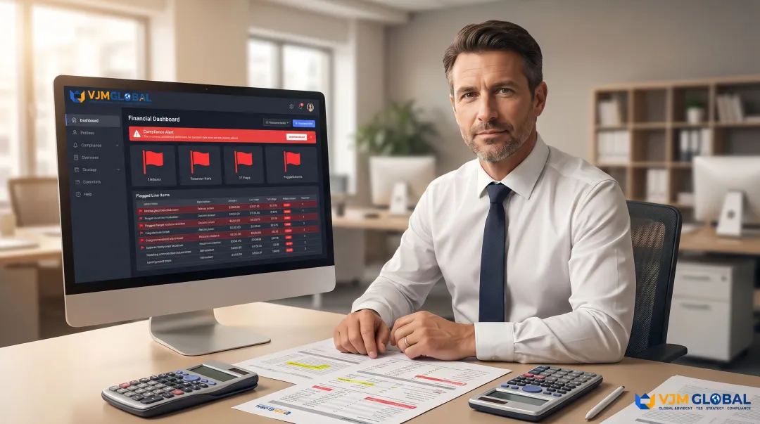 Accountant reviewing compliance warning alerts on financial reporting software dashboard