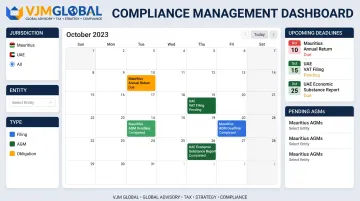 VJM Global compliance dashboard tracking Mauritius and UAE filing deadlines