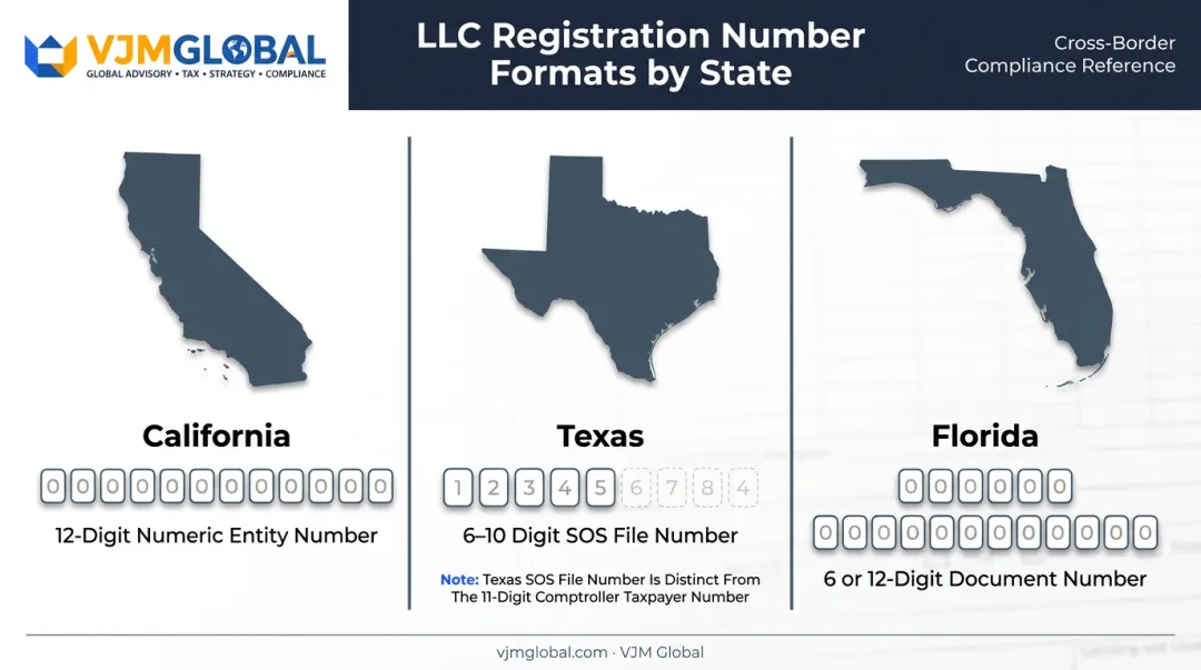 State-by-state LLC registration number format comparison California Texas Florida