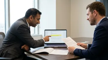 US business legal team reviewing India employment contract IP clauses on laptop
