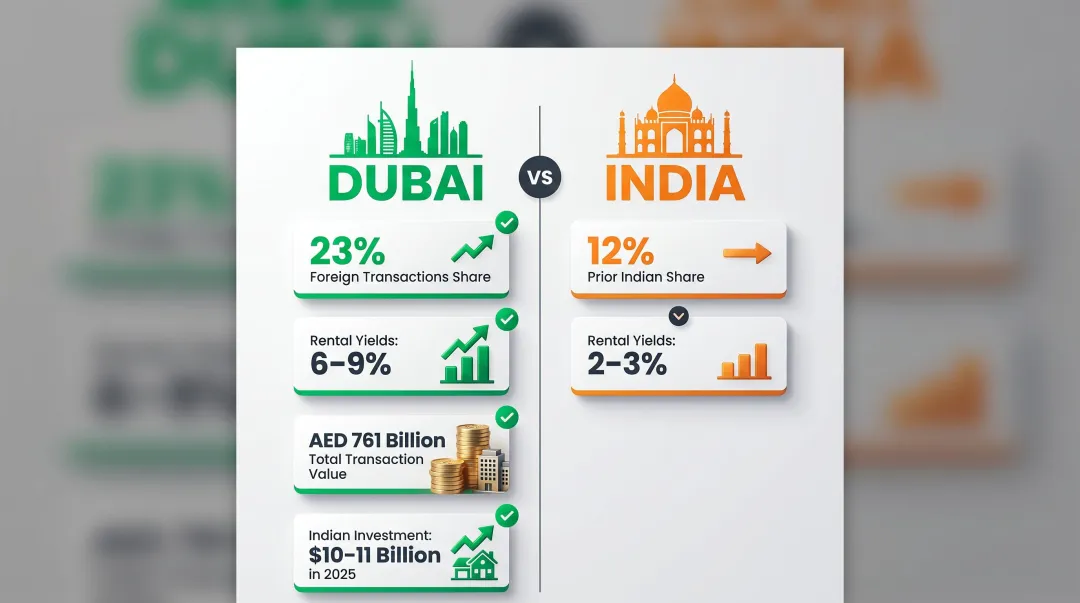 Dubai real estate investment comparison showing Indian buyer share and rental yield versus India