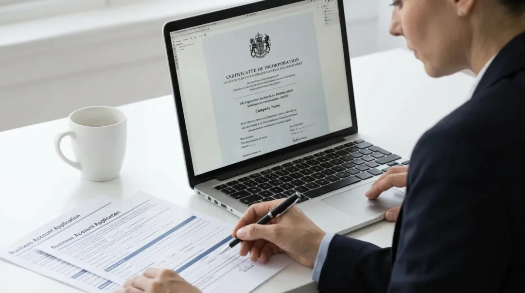 Entrepreneur reviewing incorporation documents and certificate at office desk