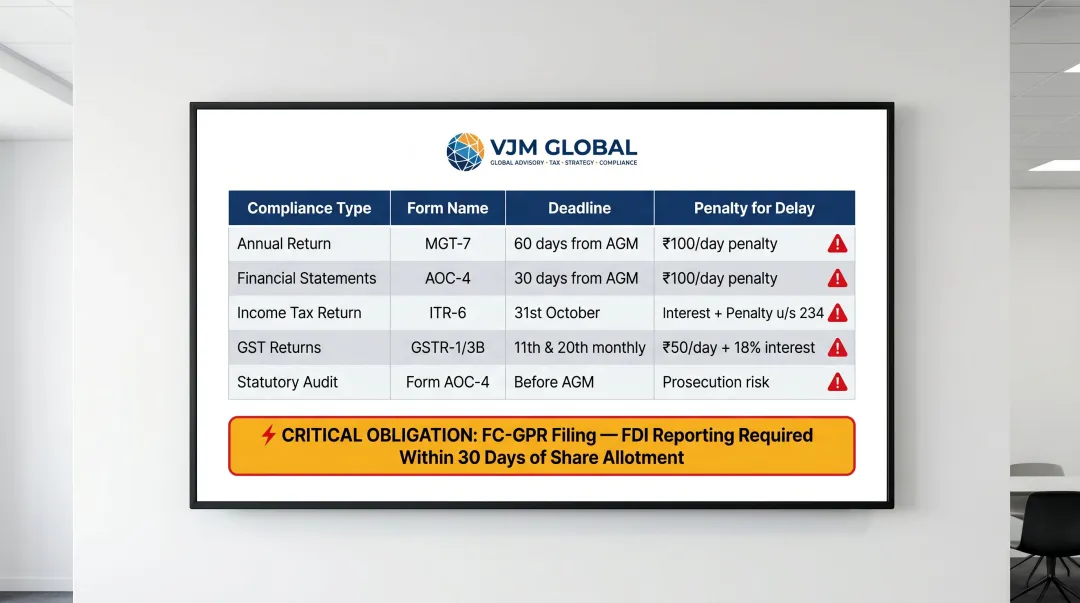 Annual compliance calendar for foreign companies in India showing forms deadlines and penalties