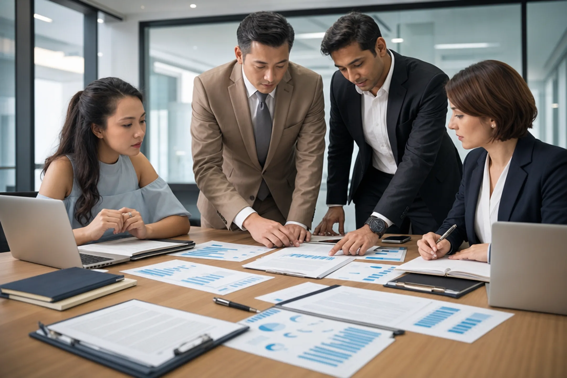 Business professionals discussing regulatory compliance strategy in office meeting