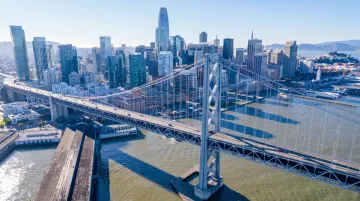 San Francisco skyline with Golden Gate Bridge and tech startup district overview