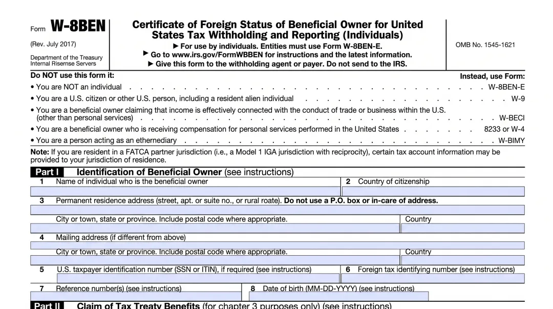 W-8BEN tax form used by foreign business owners for US withholding