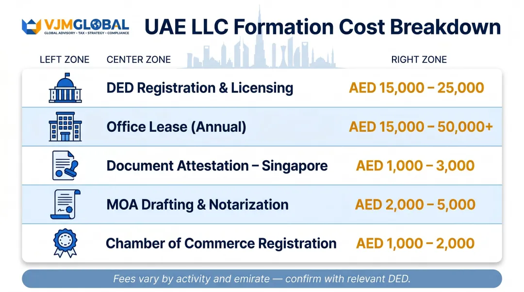 UAE LLC setup cost breakdown table showing estimated ranges in AED by component