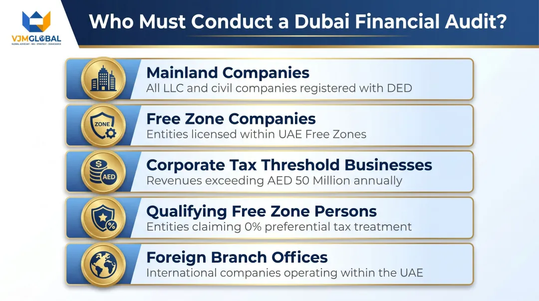 Five categories of Dubai audit-mandatory entities under UAE law infographic