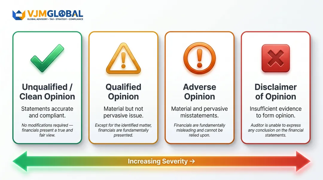 Four Singapore audit opinion types comparison infographic from clean to disclaimer