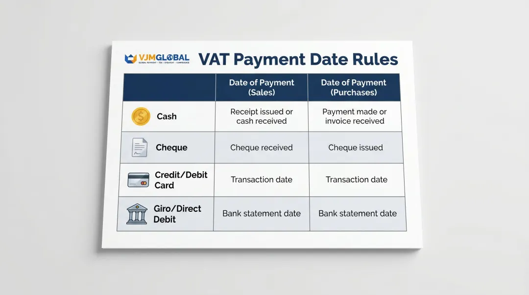 VAT cash accounting payment date rules by payment method comparison table