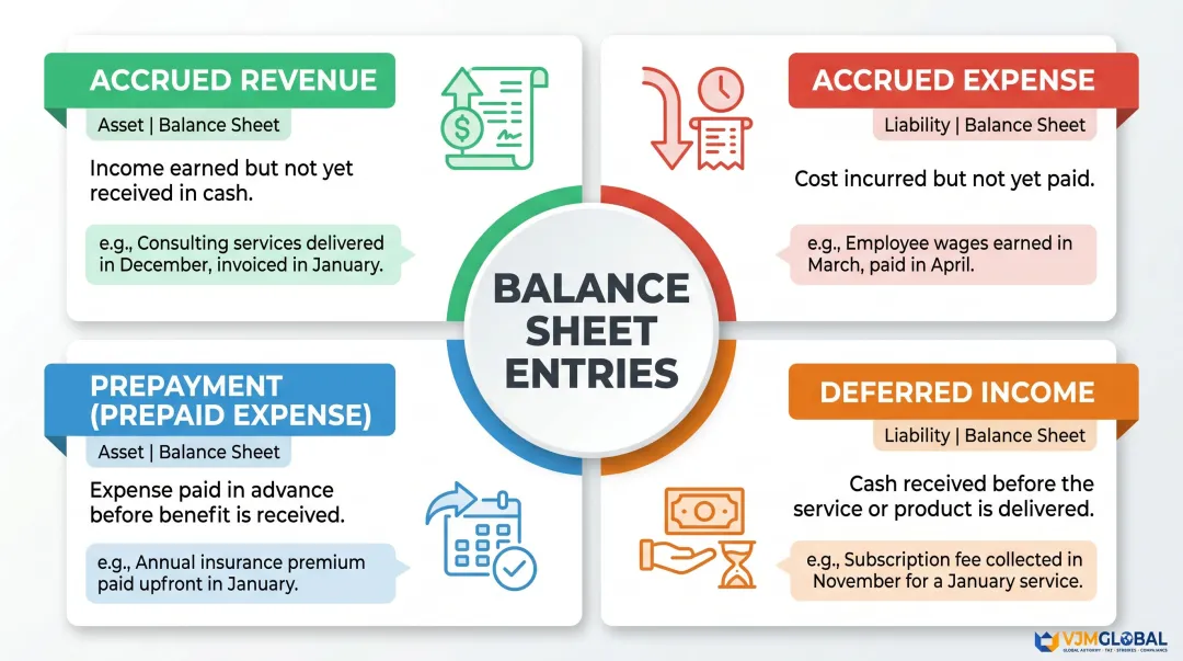 Four accrual accounting entries accrued revenue expenses prepayments deferred income balance sheet