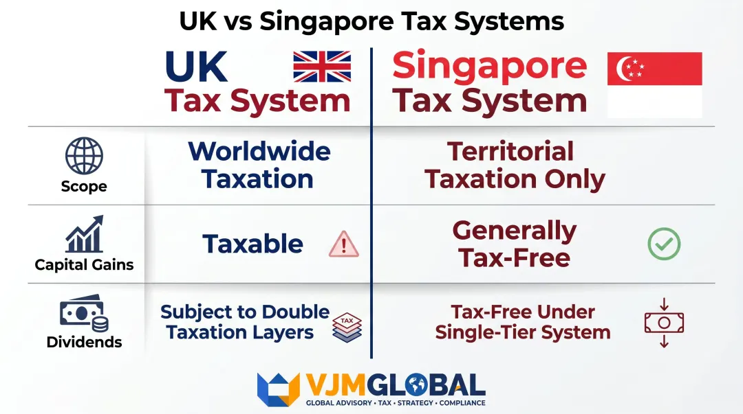 UK versus Singapore tax system three key structural differences comparison infographic