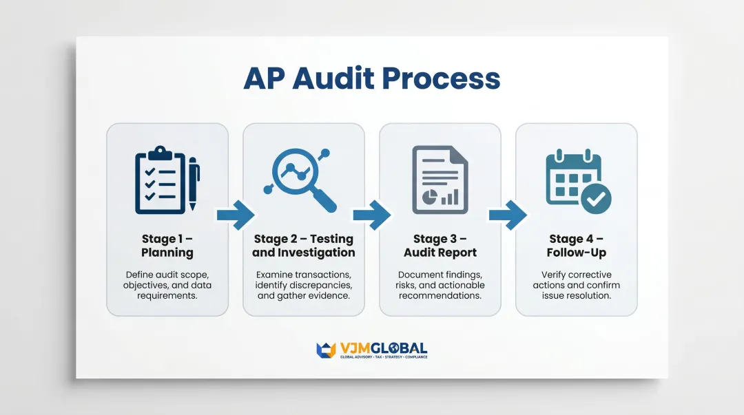 Four-stage accounts payable audit process flow from planning to follow-up