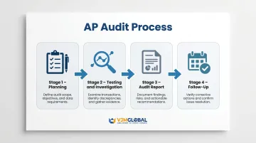 Four-stage accounts payable audit process flow from planning to follow-up
