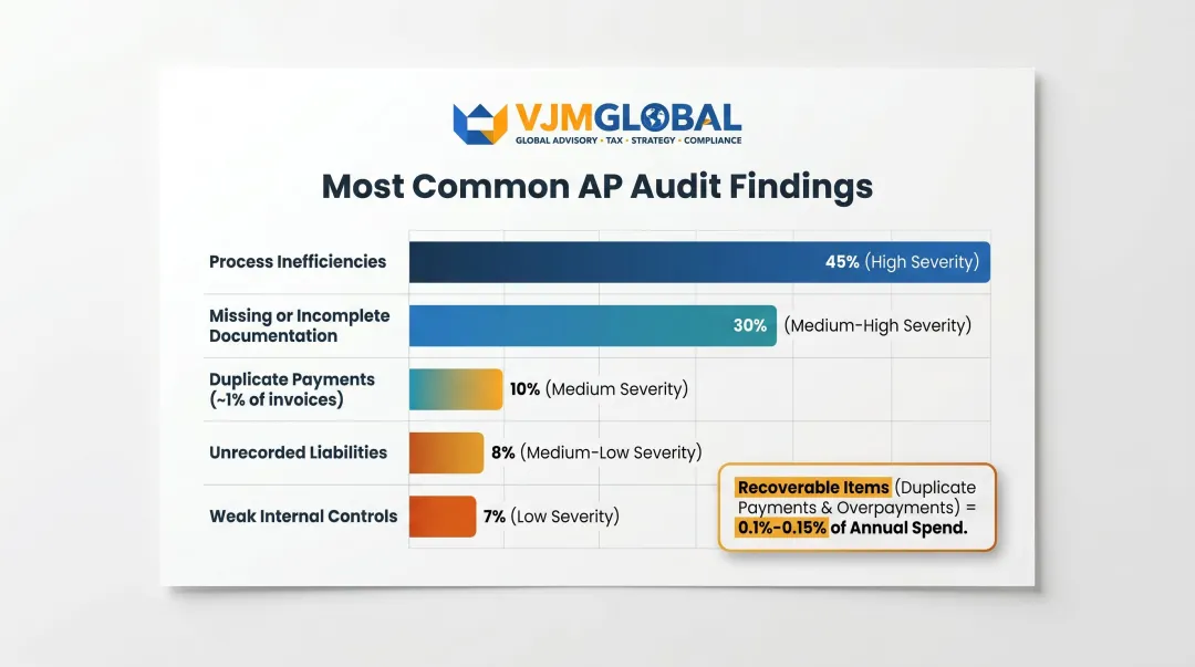 Common AP audit findings breakdown showing process errors duplicate payments and control weaknesses