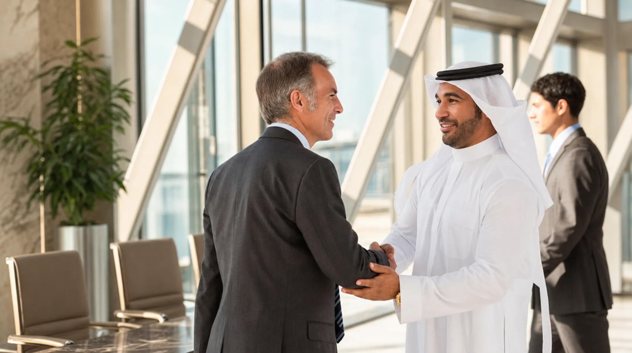 Business executives shaking hands in traditional Middle East office meeting