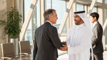 Business executives shaking hands in traditional Middle East office meeting