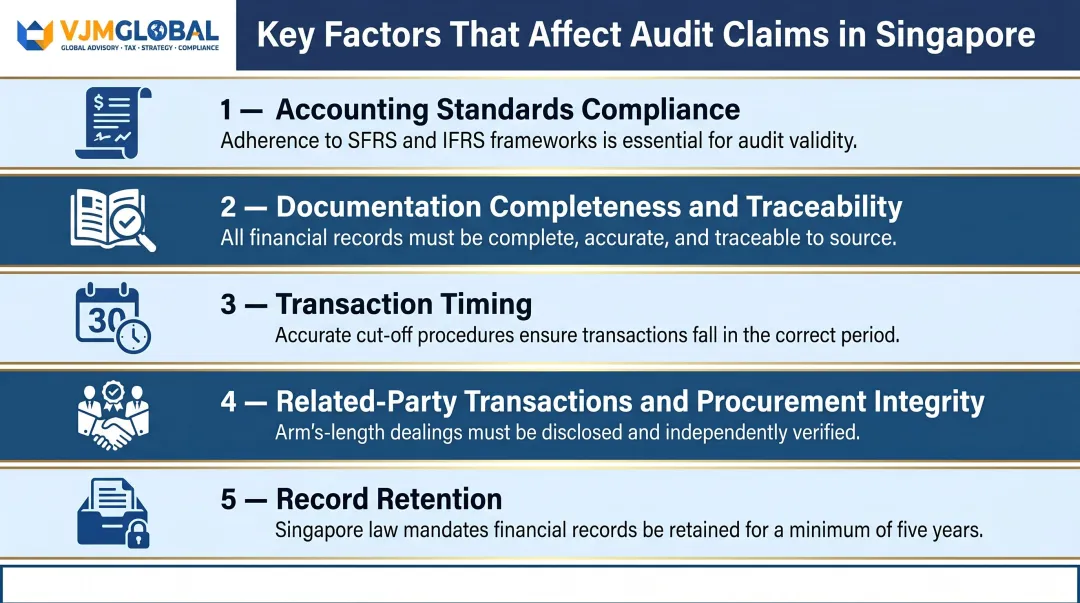Five key factors affecting Singapore audit claims compliance checklist infographic