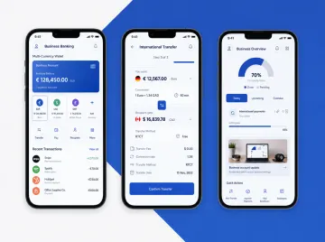 Fintech business banking app interface for international company accounts