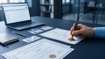 Chartered Accountant credentials and ISO certification documents displayed on professional desk