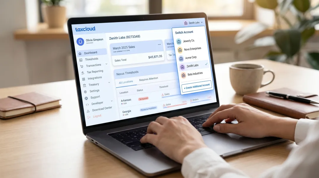 E-commerce business owner reviewing multi-state sales tax obligations on laptop
