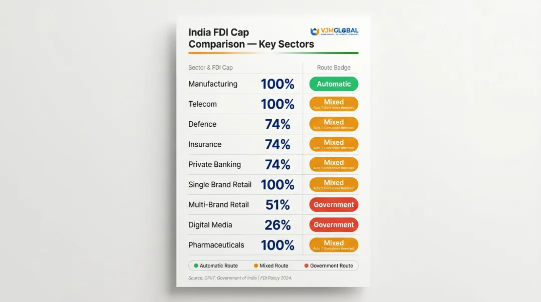 India FDI sectoral caps comparison table automatic versus government approval route
