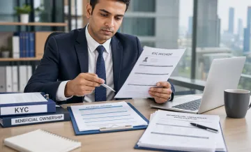 Bank representative reviewing corporate KYC documents and beneficial ownership forms