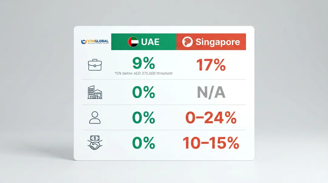 UAE versus Singapore corporate and personal tax rate comparison infographic