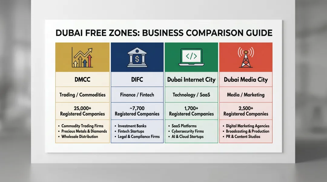 Dubai free zone comparison table for Singapore entrepreneurs by industry sector