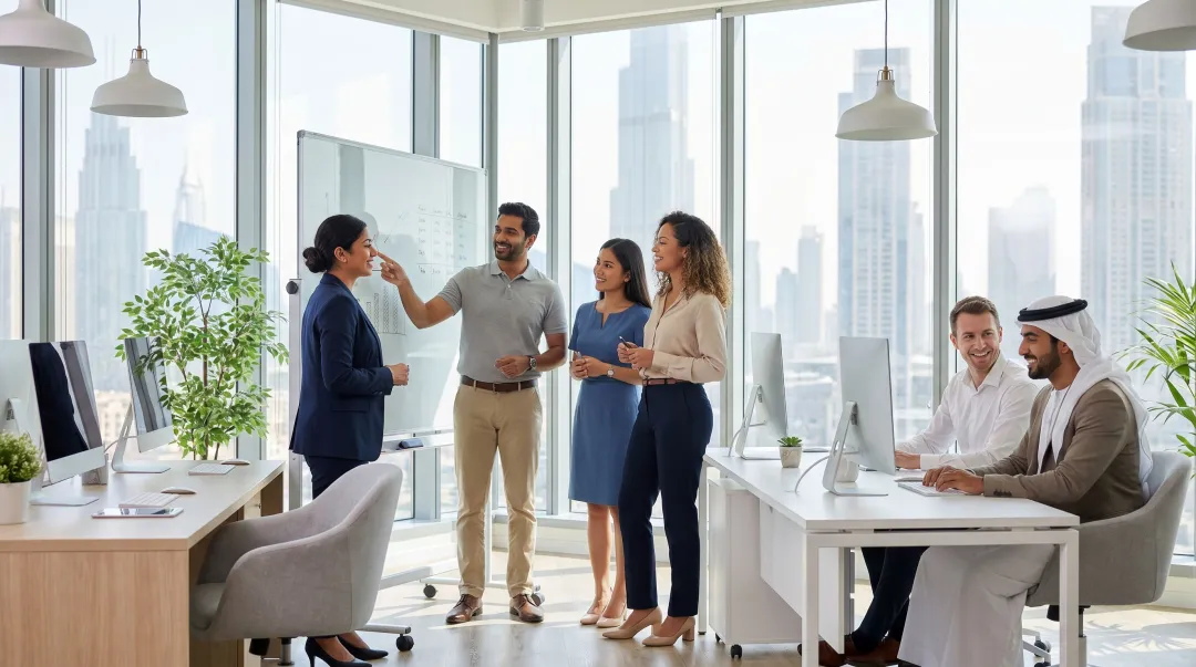 Diverse multinational workforce collaborating in modern Dubai office environment