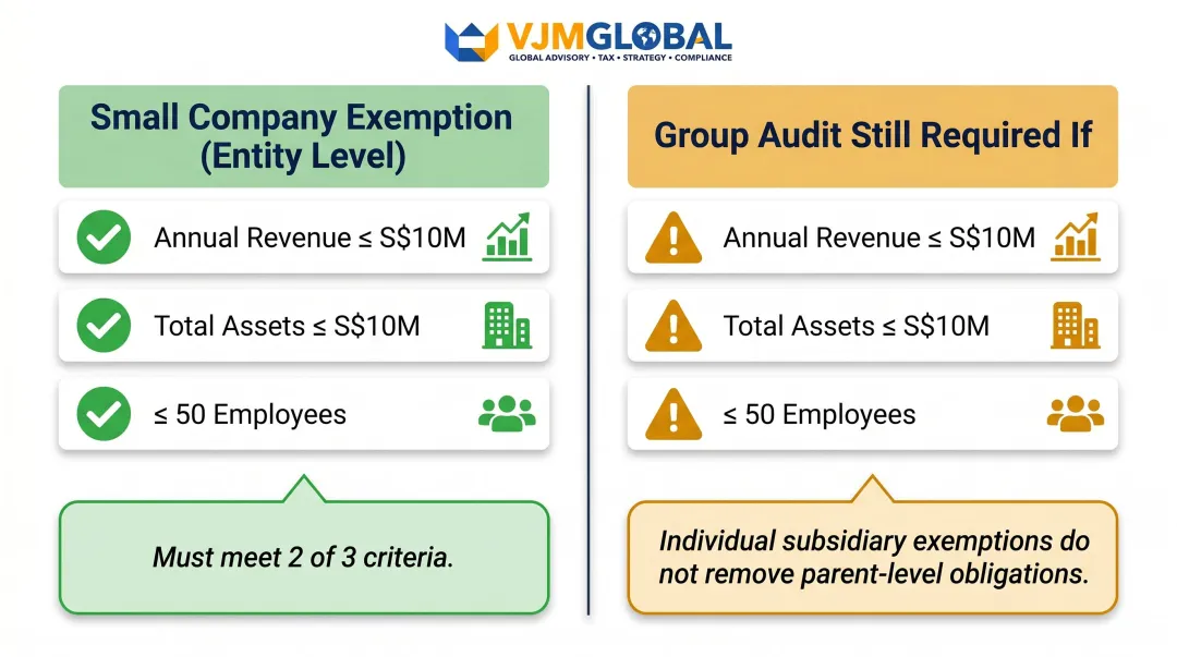 Singapore small company and small group audit exemption thresholds side-by-side comparison