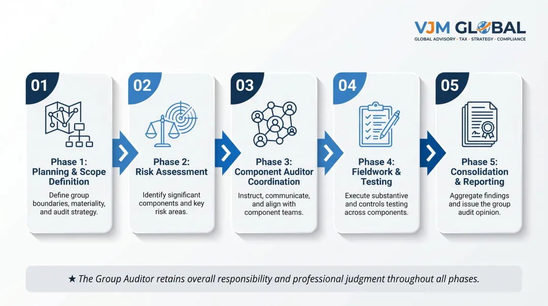 Five-phase Singapore group audit process flow from planning to consolidation reporting