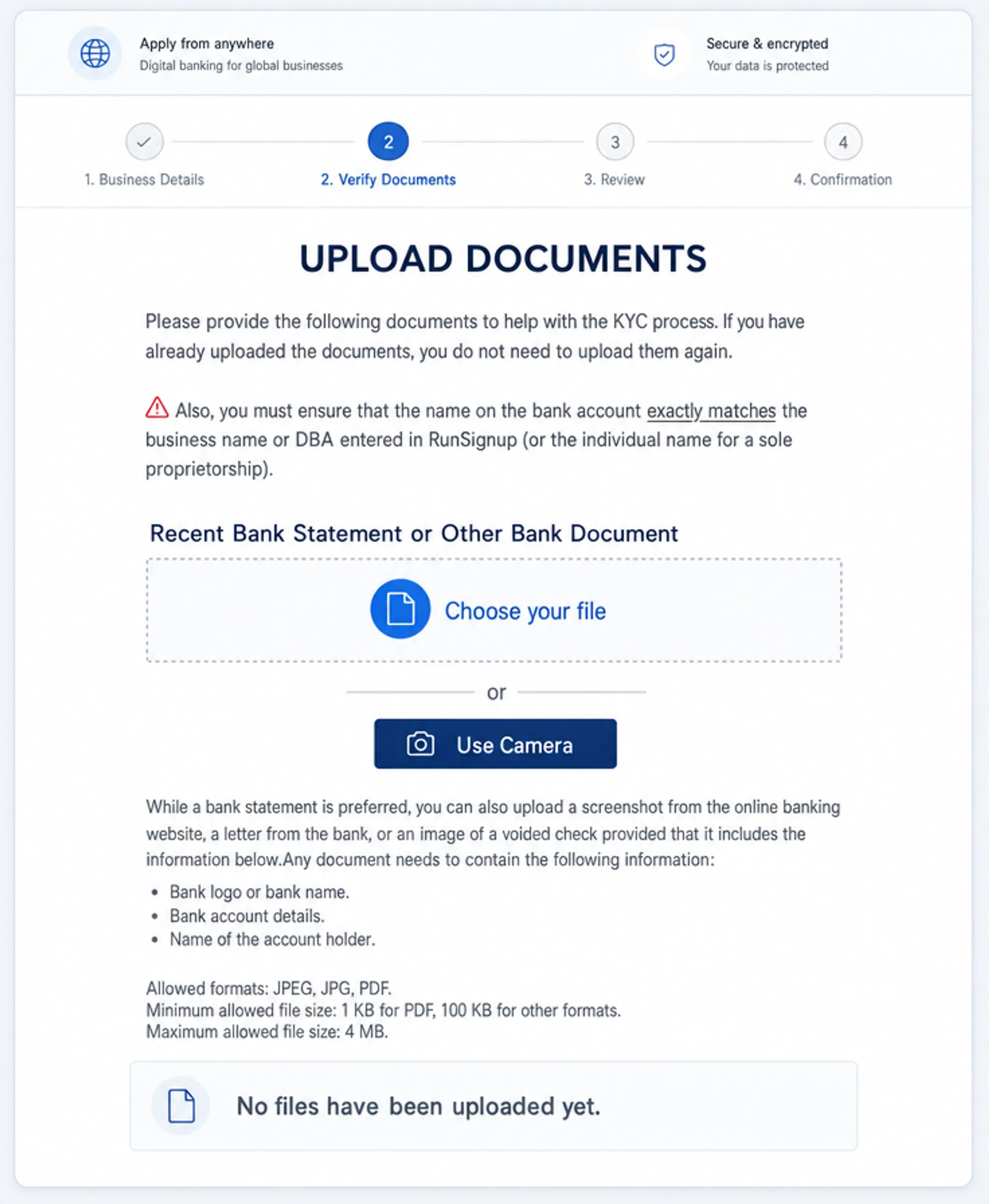 Digital business banking application interface for remote account opening