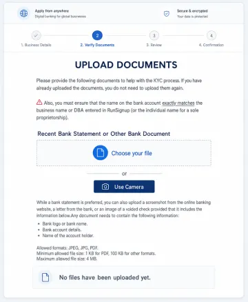 Digital business banking application interface for remote account opening