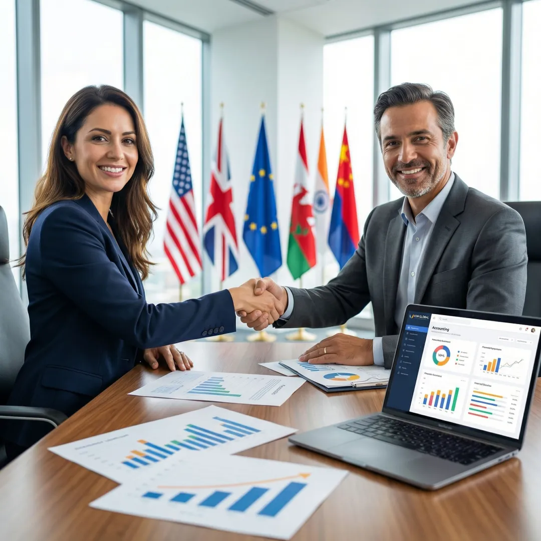 International business handshake representing global accounting partnership between companies