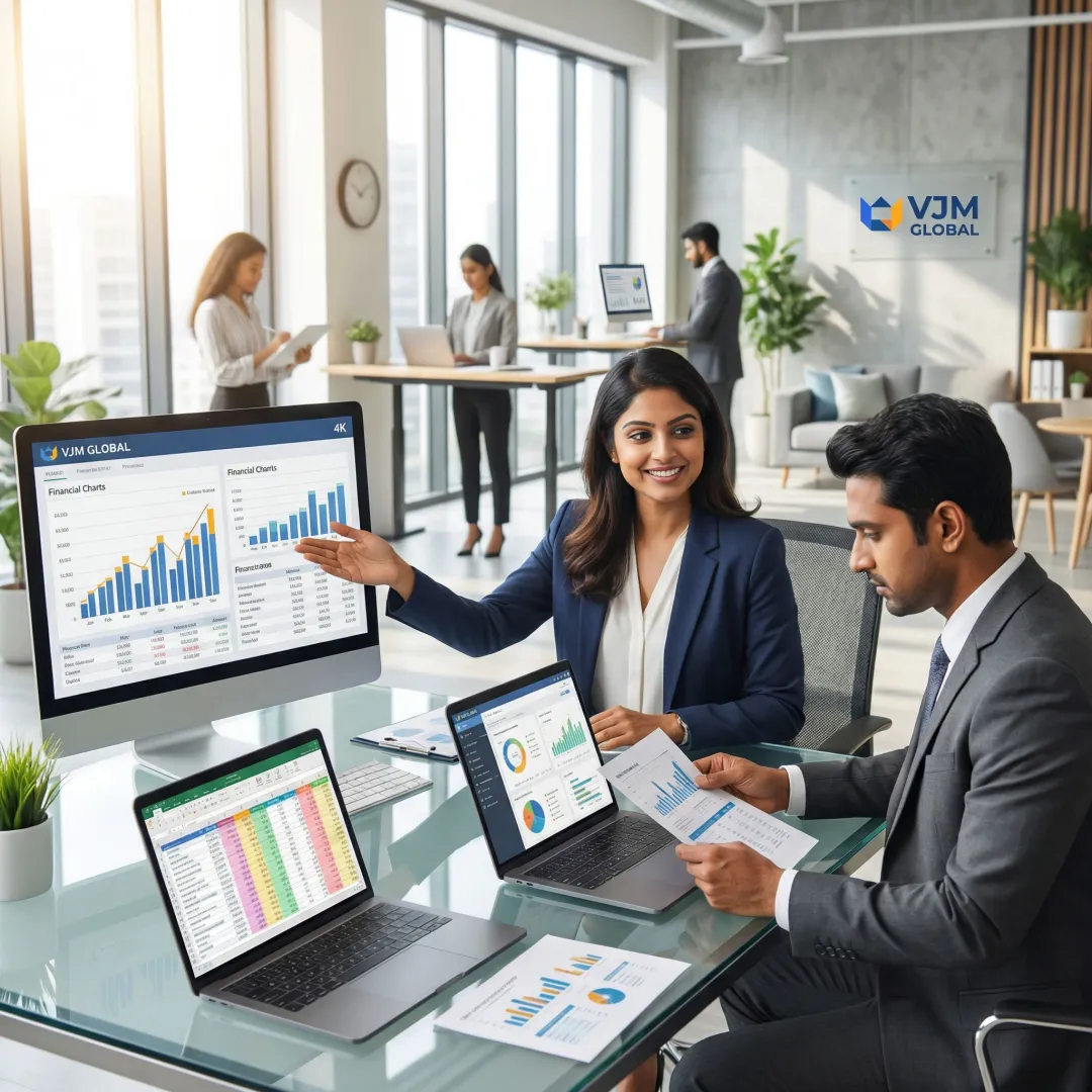 Professional accounting team working on financial reports and tax compliance in modern Indian office