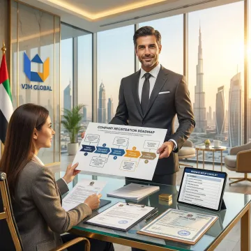 Business consultant guiding Singapore client through Dubai company registration steps