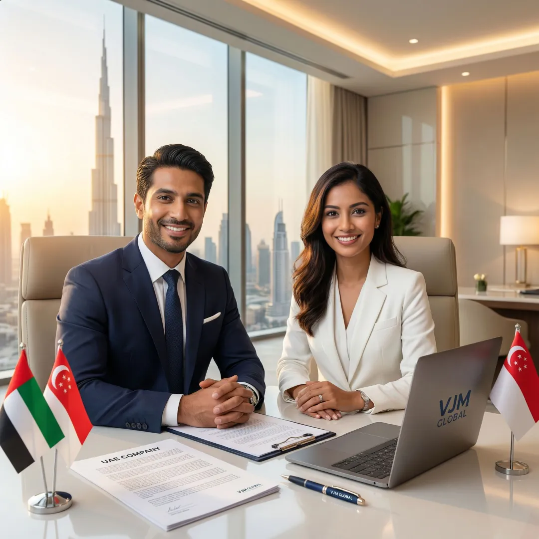 Singapore business professionals registering a company in Dubai with UAE documents and skyline backdrop