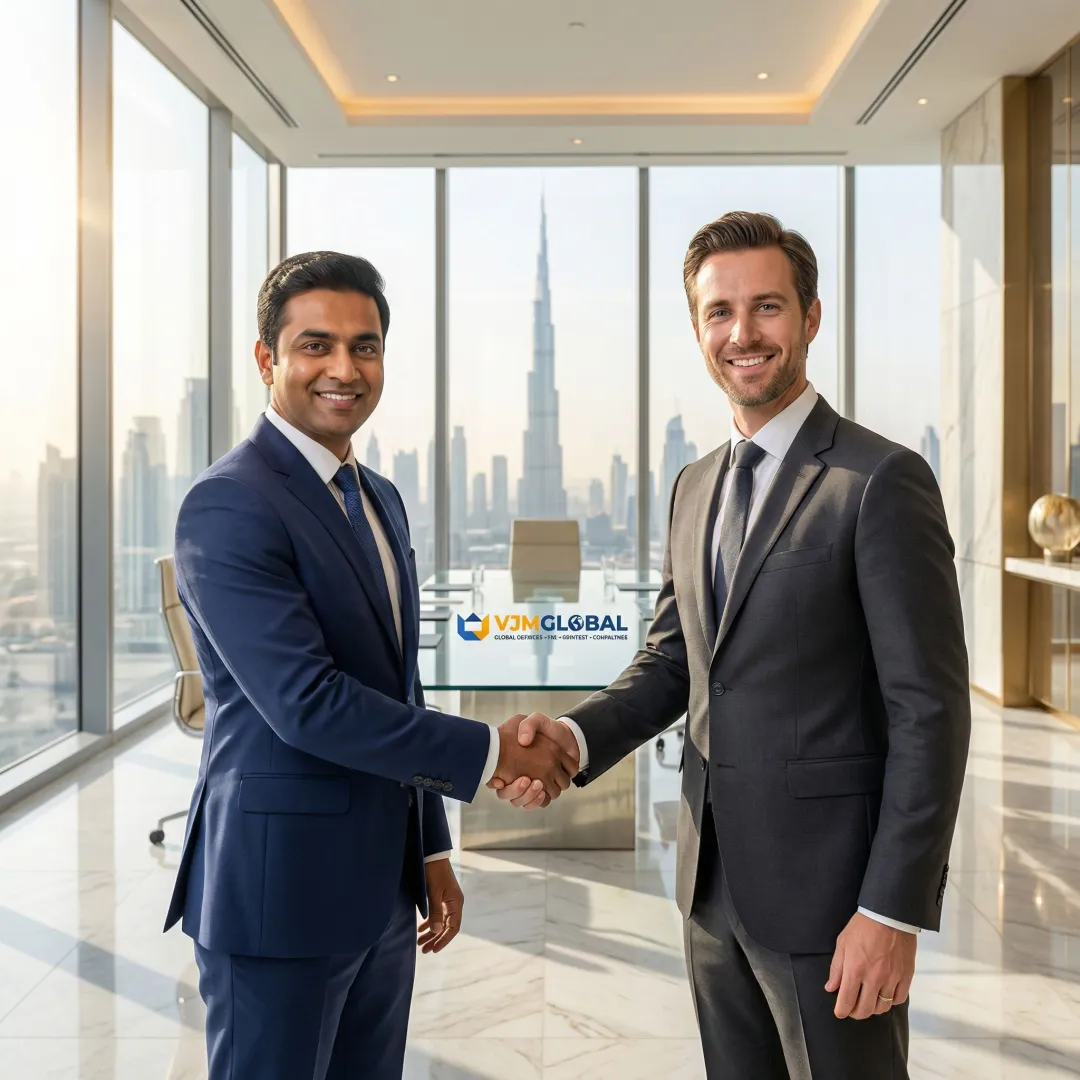 Indian entrepreneur consulting with a business advisor in a modern Dubai office setting