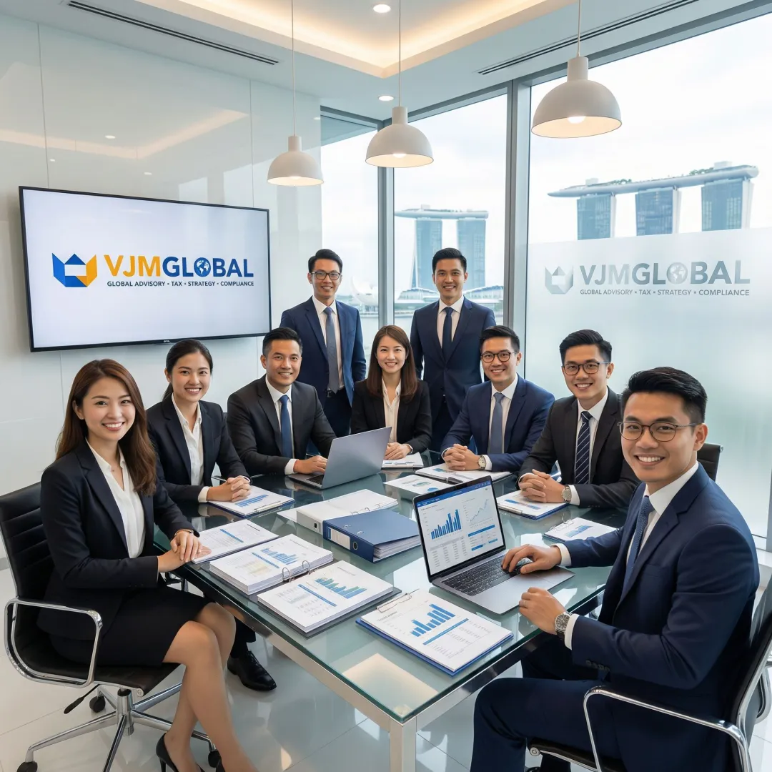 Professional accountants reviewing financial statements in modern Singapore office