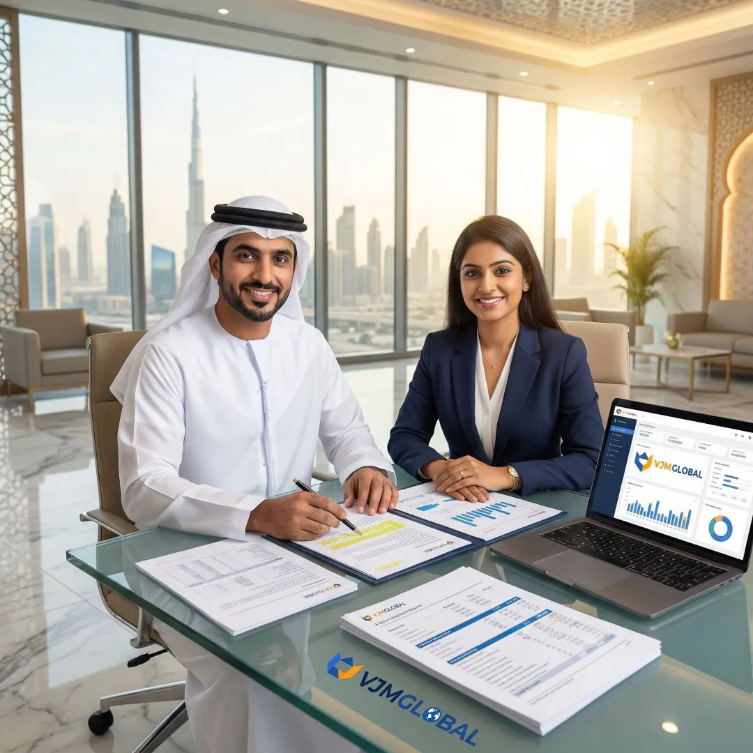 Professional tax advisors reviewing UAE corporate tax documents for Indian business