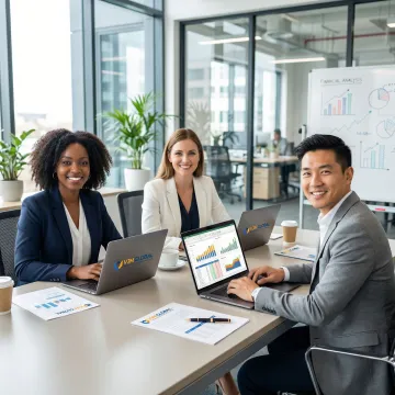 Team of accountants collaborating on financial analysis with multiple screens showing charts and data