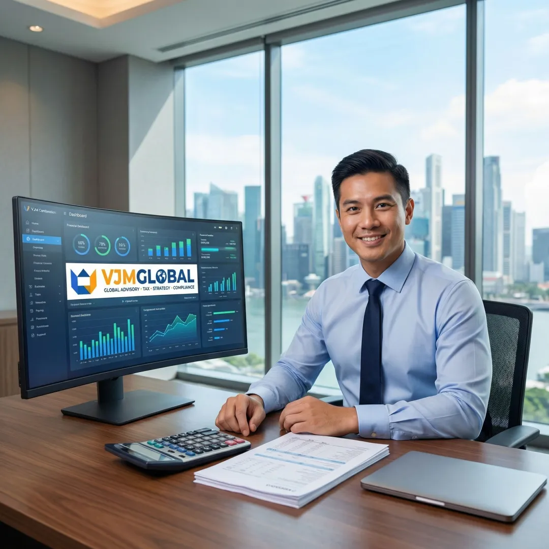 Professional accountant reviewing financial reports on laptop with Singapore skyline in background
