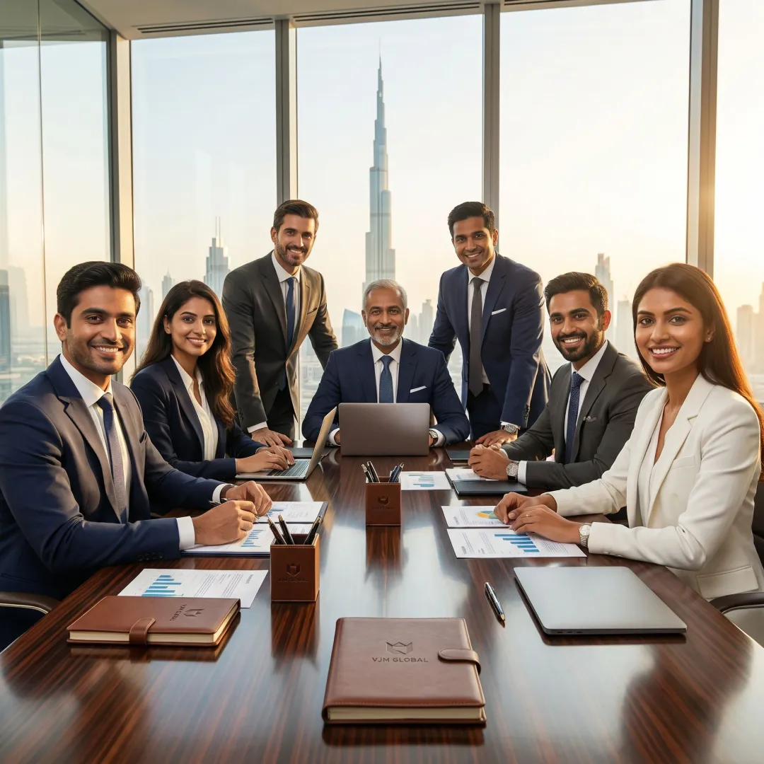Professional business consultants assisting Indian company representatives with Dubai business setup documentation